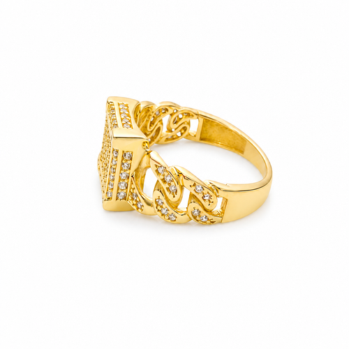 14KT Gold Ring Women's Square Five Row Cluster White CZ Stone Center Plain Outline White CZ Stones Border / Corners / Edge with White CZ Stone Cuban Link Band