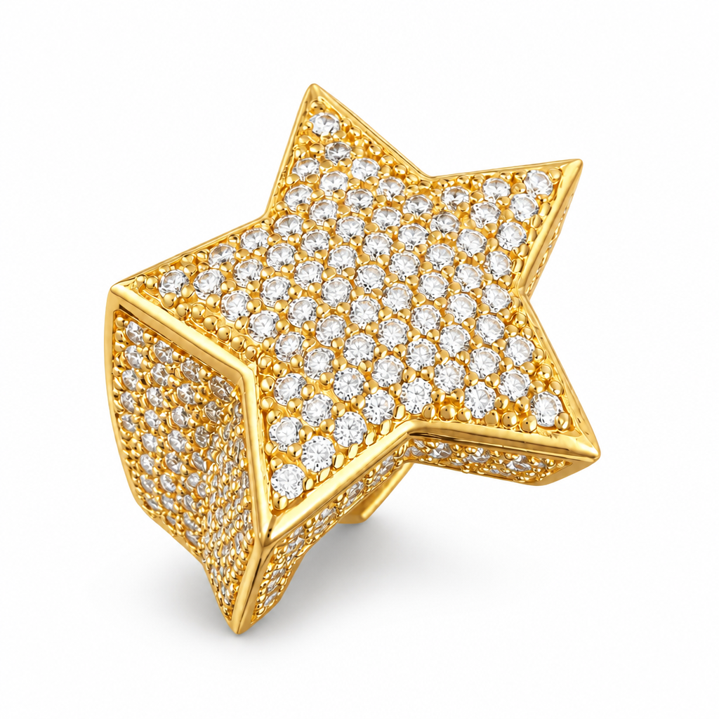 14KT Gold Ring Men's 3D White CZ Stones Star Shape Ring with White CZ Stones Edges and Band