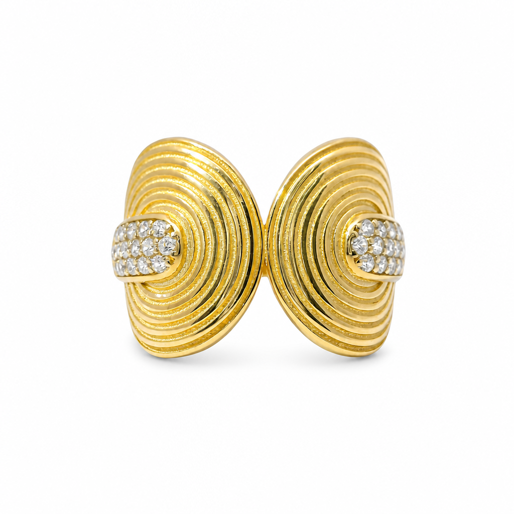 14KT Gold Ring Women's Abstract Music Record Split Band with White CZ Stone Ends