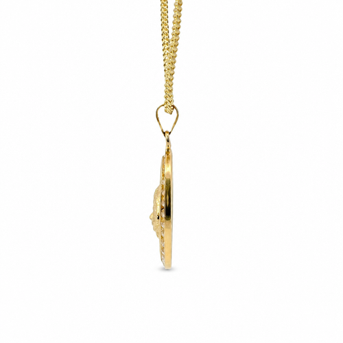14KT Gold Charm Medium Oval Tri Tone Graphic Line Background with Medusa Center Coin with White CZ Stones Frame Edge and Plain Bell