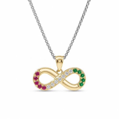 14KT Gold Charm Jumbo Infinity Loop with Red, White, and Green CZ Stones with Plain Bell