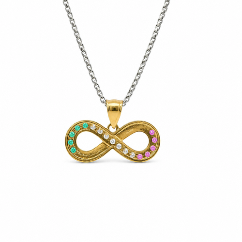 14KT Gold Charm Jumbo Infinity Loop with Red, White, and Green CZ Stones with Plain Bell