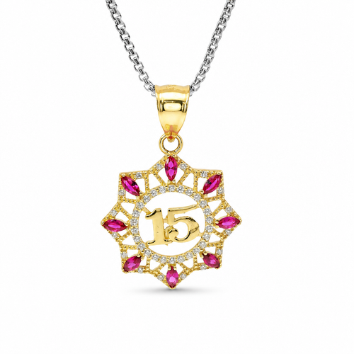 14KT Gold Charm Large Quinceanera "15" Open Webbed Wreath with Dark Pink and White Round CZ Stones Border with Plain Bell