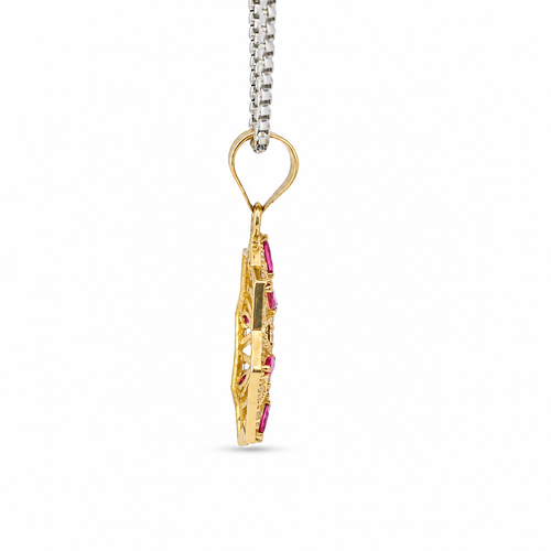 14KT Gold Charm Large Quinceanera "15" Open Webbed Wreath with Dark Pink and White Round CZ Stones Border with Plain Bell