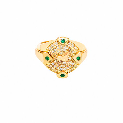 14KT Gold Ring Men's Round Two Tone Full Horse Center with White CZ Background and Border and CZ Green Stones on North, South, West, and East Border