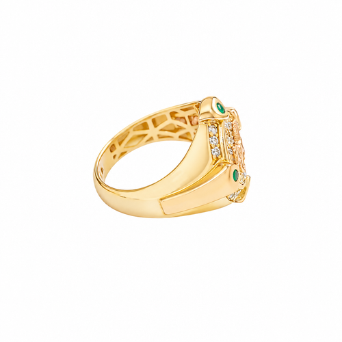 14KT Gold Ring Men's Round Two Tone Full Horse Center with White CZ Background and Border and CZ Green Stones on North, South, West, and East Border