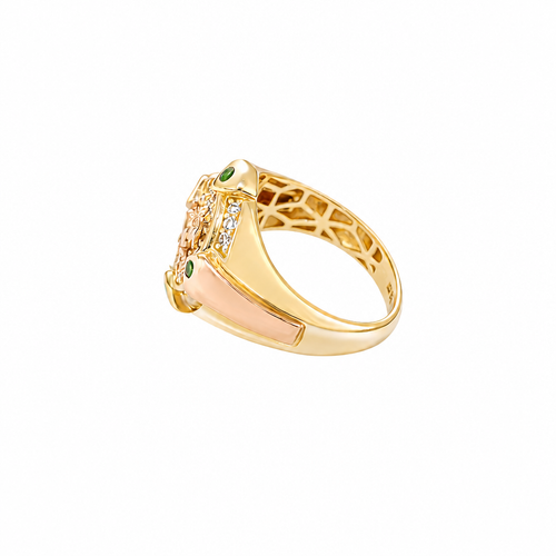14KT Gold Ring Men's Round Two Tone Full Horse Center with White CZ Background and Border and CZ Green Stones on North, South, West, and East Border