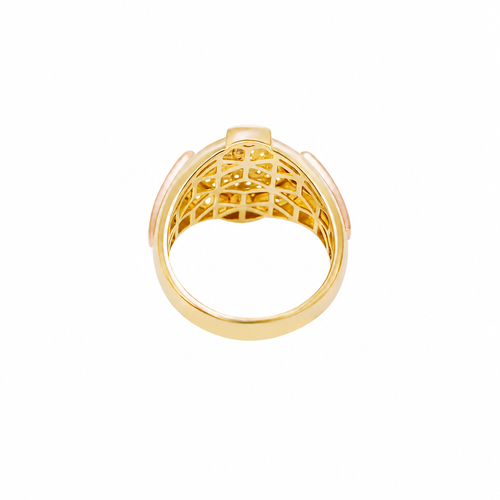 14KT Gold Ring Men's Round Two Tone Full Horse Center with White CZ Background and Border and CZ Green Stones on North, South, West, and East Border