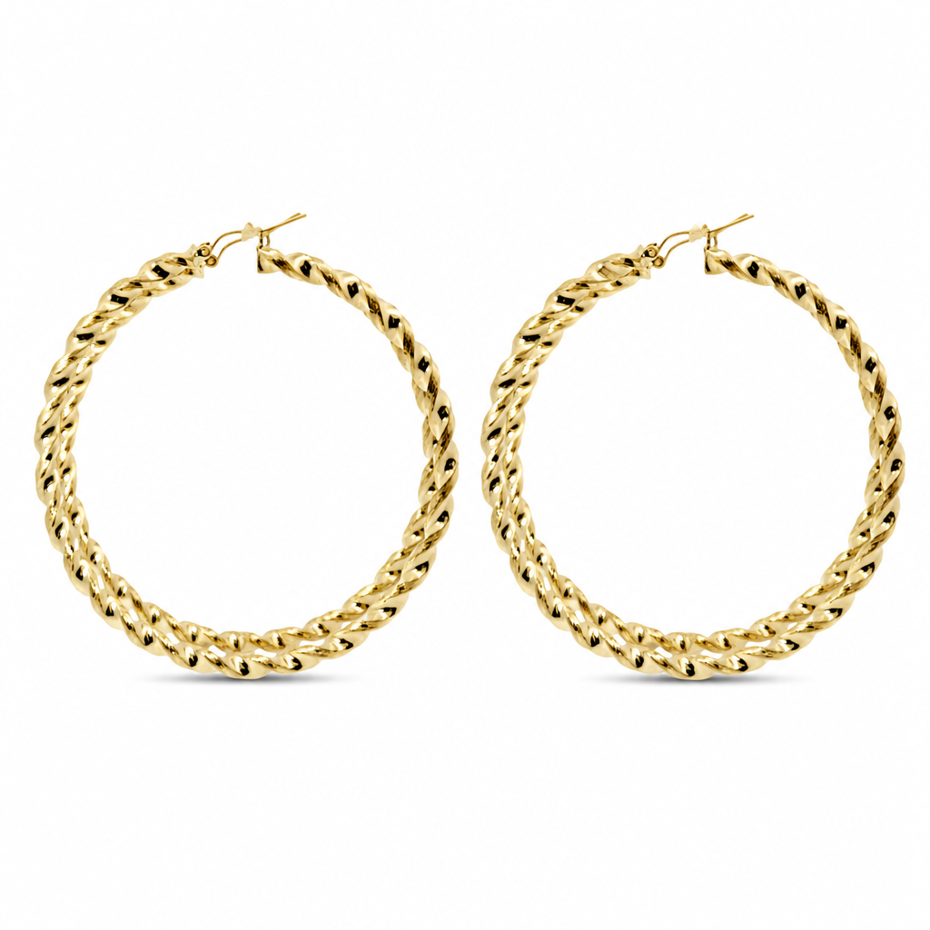 14KT Gold Earrings Hoops Round Twisted Hollow Tube with Saddleback Hinge Closure Length 7mm