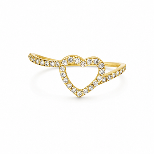 14KT Gold Ring Women's Light Weight Open White CZ Stones Heart Outline with White CZ Stones Closed Bypass Band