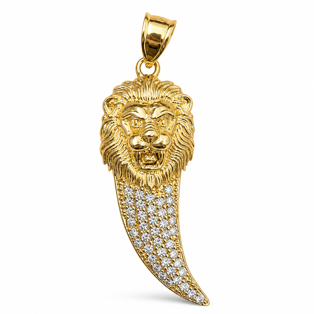 14KT Gold Charm 2XL Lion Head Center with White CZ Stones Lion Tooth Plain Bell