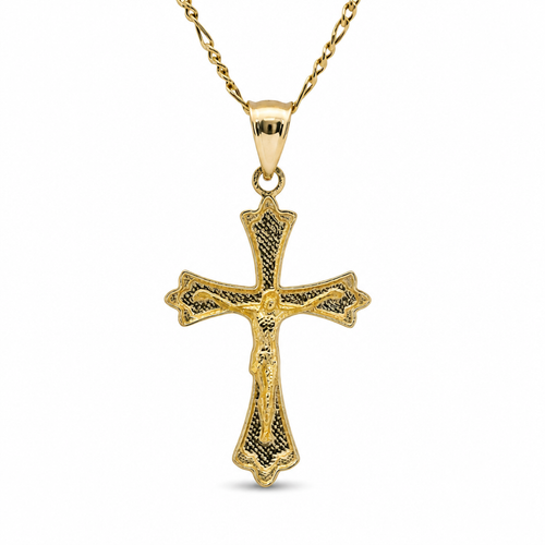 14KT Gold Charm Medium Two Tone Point Flare Ends Crucifix Cross with Plain Bell
