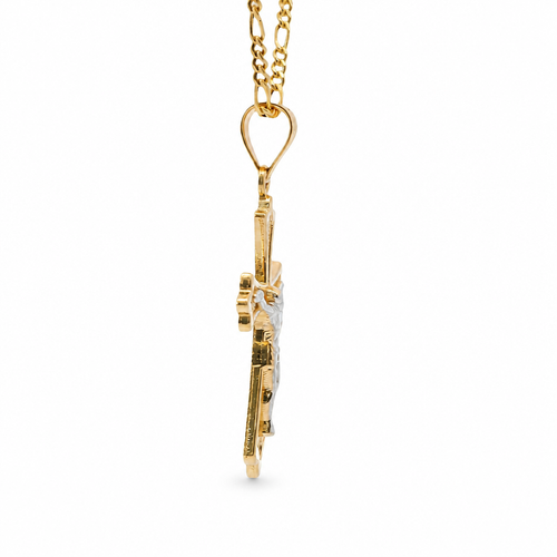 14KT Gold Charm Medium Two Tone Point Flare Ends Crucifix Cross with Plain Bell