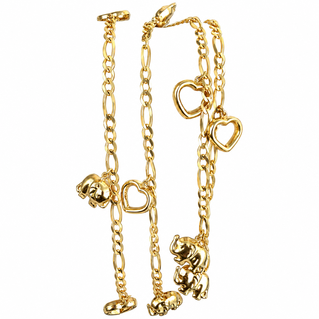 14KT Gold Hollow Plain Figaro Anklet with Puff Elephant and Open Puff Heart Charms 2.5mm