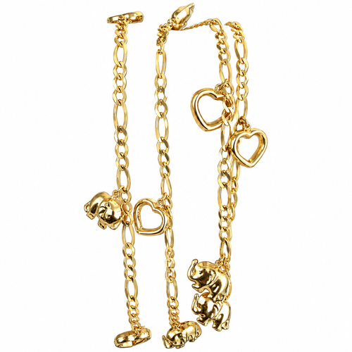 14KT Gold Hollow Plain Figaro Anklet with Puff Elephant and Open Puff Heart Charms 2.5mm