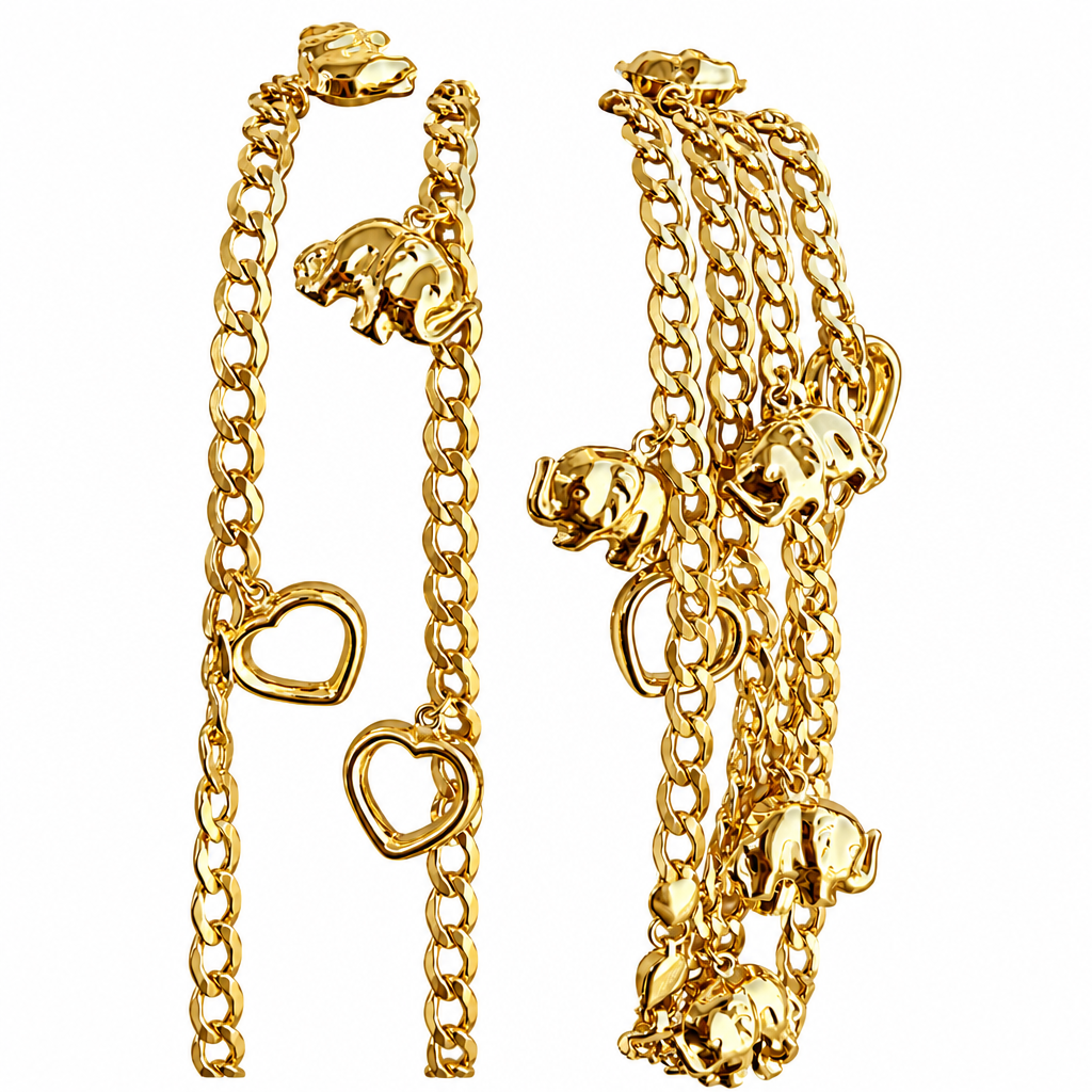 14KT Gold Hollow Curb Anklet with Puff Elephant and Open Puff Heart Charms 3.5mm