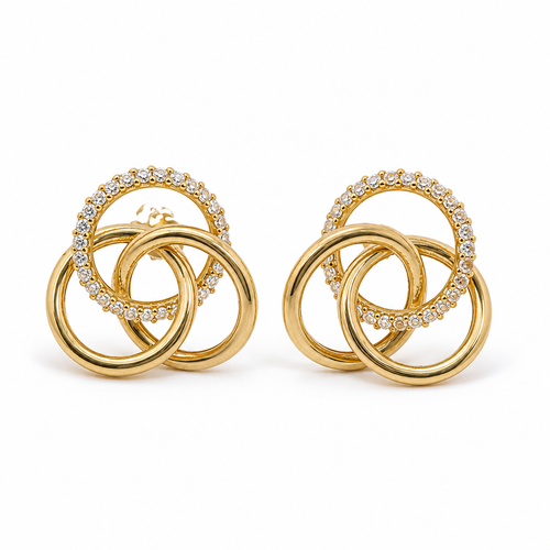 14KT Gold Earrings Small Borromean / Triskelion Triple Interlocking White CZ Stones Rings with Push Back Post and Butterfly Backs