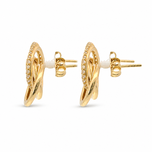 14KT Gold Earrings Small Borromean / Triskelion Triple Interlocking White CZ Stones Rings with Push Back Post and Butterfly Backs