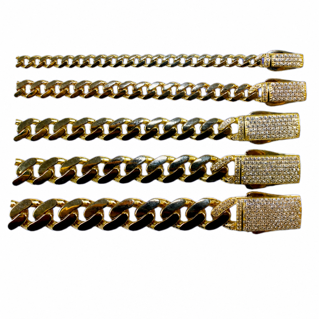 14KT Gold Chain Hollow Crown Miami Link with Plain White CZ Stones Designer Clasp 12mm