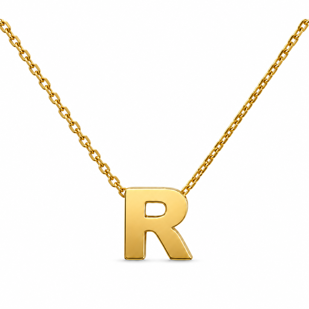 14KT Gold Solid Set Thin Chain Cable Link with Spring Lock Clasp and Single Block Font Uppercase Initial "R"