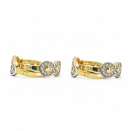 14KT Gold Earring Medium Two Tone White CZ Stones Infinity Loop with Plain White Gold Border Huggie