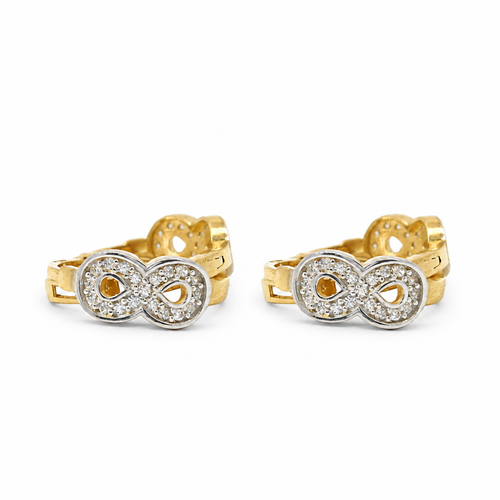 14KT Gold Earring Medium Two Tone White CZ Stones Infinity Loop with Plain White Gold Border Huggie