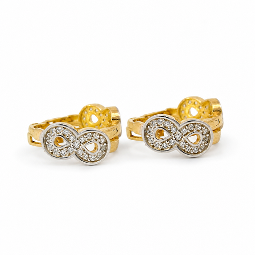 14KT Gold Earring Medium Two Tone White CZ Stones Infinity Loop with Plain White Gold Border Huggie
