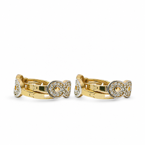14KT Gold Earring Medium Two Tone White CZ Stones Infinity Loop with Plain White Gold Border Huggie