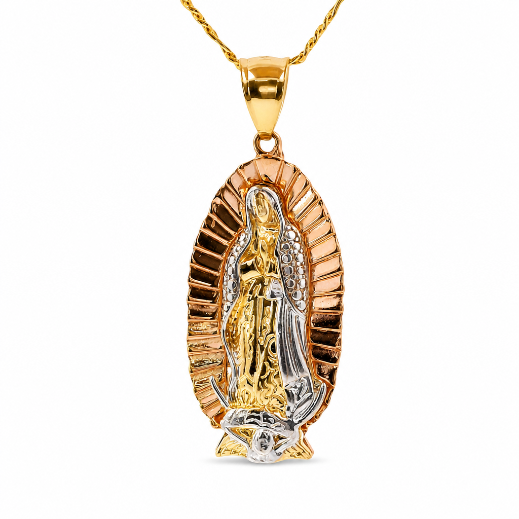 14KT Gold Charm Medium Tri Tone Triangle Oval Virgin Mary with Pleated Edge and Plain Bell