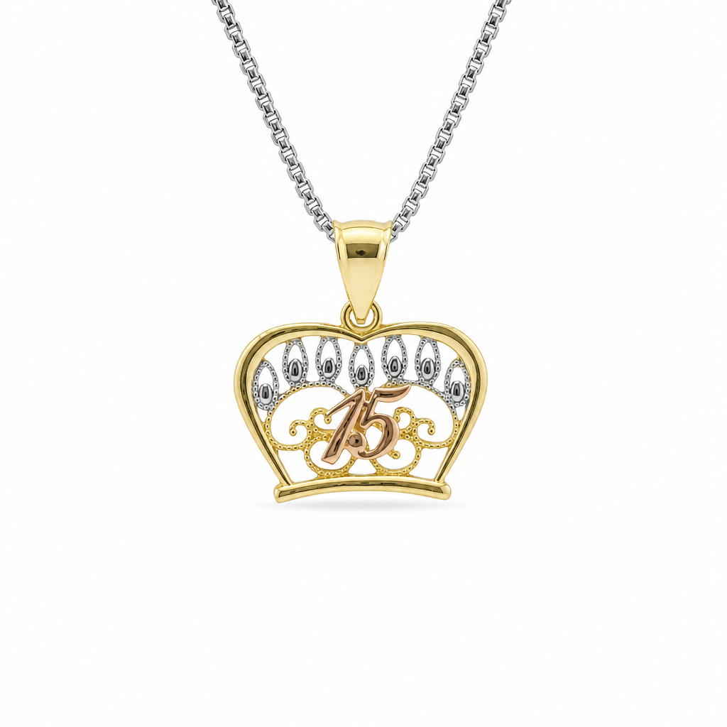 14KT Gold Charm Medium Tri Tone Quinceanera "15" Open Crown Outline with Row of Candle Flames and Plain Bell