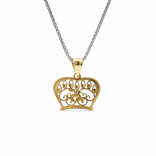14KT Gold Charm Medium Tri Tone Quinceanera "15" Open Crown Outline with Row of Candle Flames and Plain Bell