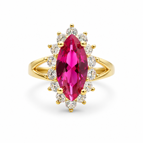 14KT Women's Gold Ring Jumbo Red Marquise Center CZ with Round White CZ Stones Border and Plain Split Band