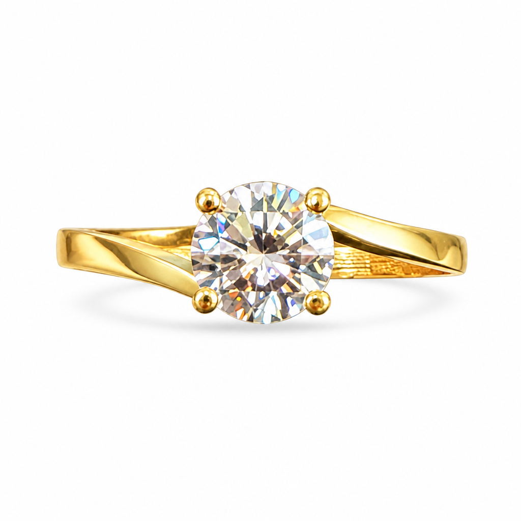 14KT Gold Ring Women's Halo 4 Prong White CZ Solitaire Plain High Low Band