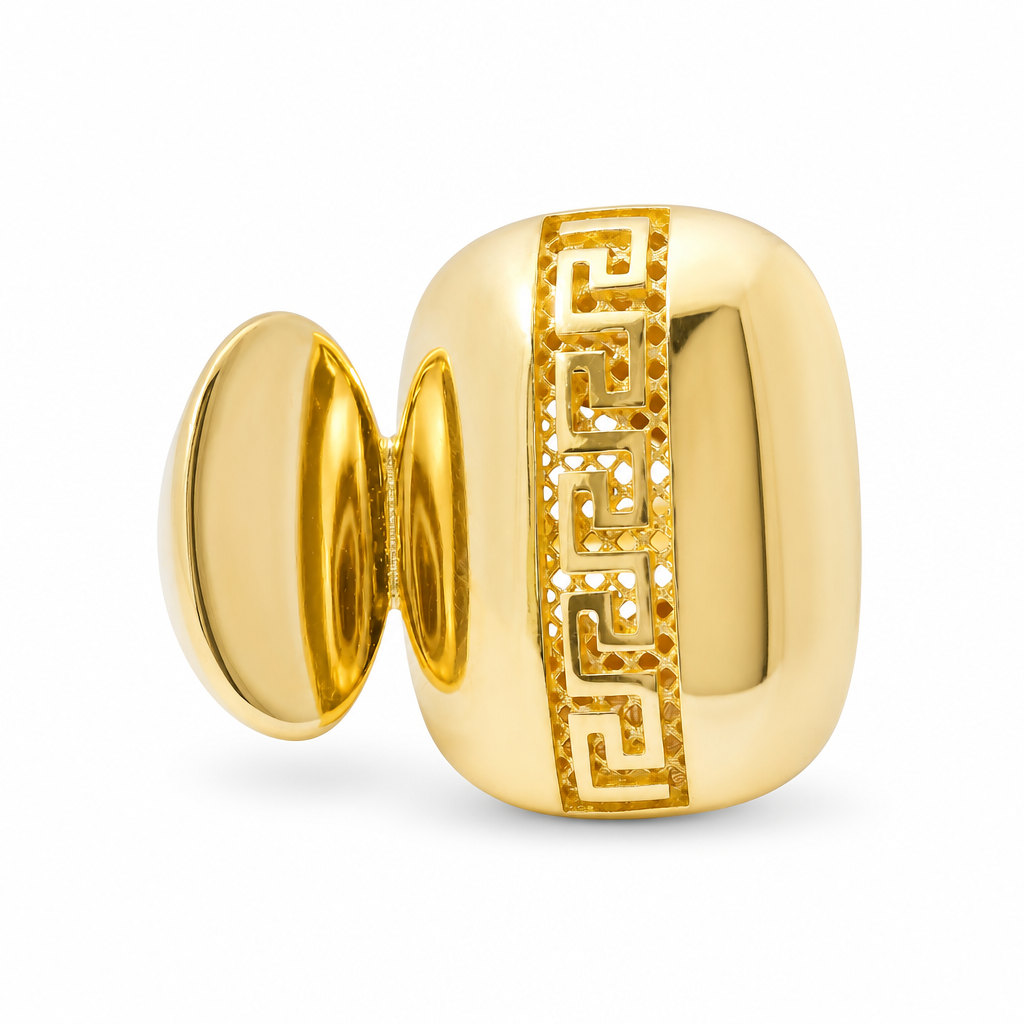 14KT Gold Ring Women's Abstract Greek Etched Center Rectangle Next to Plain Oval with Plain Mock Split Band