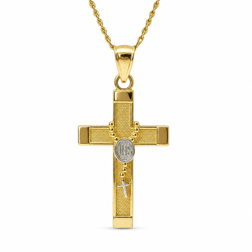 14KT Gold Charm Medium Two Tone Rosary Bead Cross with Plain Band