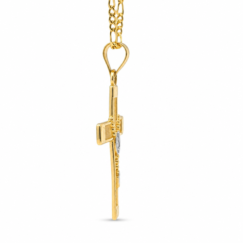 14KT Gold Charm Medium Two Tone Rosary Bead Cross with Plain Band
