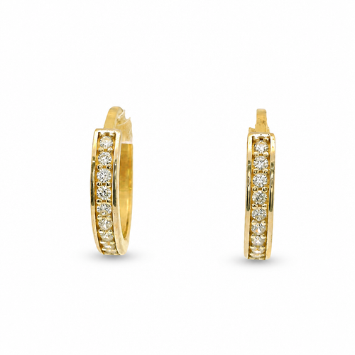 14KT Gold Earring Small White CZ Stones Single Row Hoops with Plain Gold Back Huggie Closure