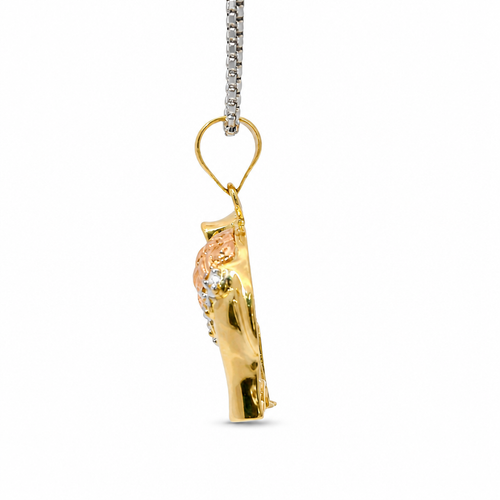 14KT Gold Charm Large Tri Tone Elephant with Pink CZ Stone Eye and Diamond Cut Rose Gold Curved Blanket Plain Bell