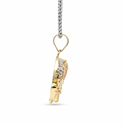 14KT Gold Charm Large Tri Tone Elephant with Pink CZ Stone Eye and Diamond Cut Rose Gold Curved Blanket Plain Bell