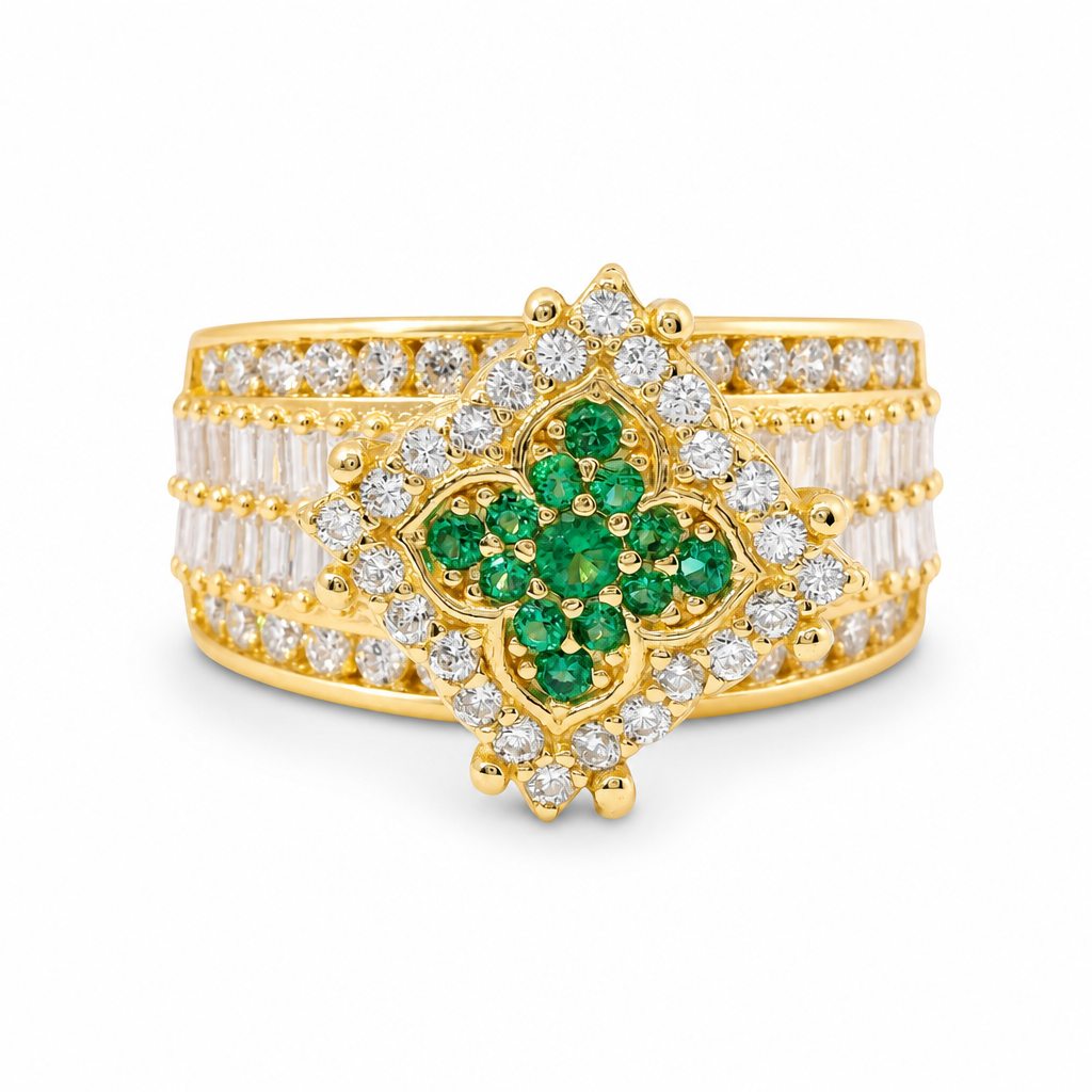 14KT Gold Ring Women's Eight Prong Square Green Clover Cluster CZ Stones with Plain Outline and White CZ Stones Border and Double Row Baguette Band Center with Round White CZ Borders