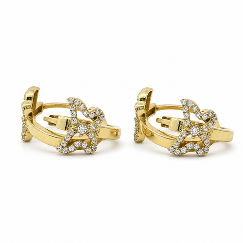 14KT Gold Earring Medium White CZ Stones Butterfly Outline Center Huggie