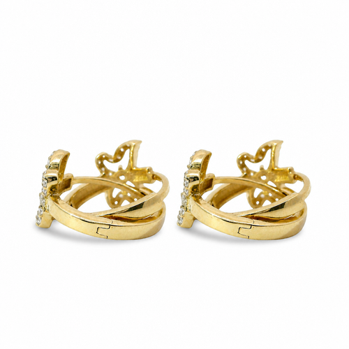 14KT Gold Earring Medium White CZ Stones Butterfly Outline Center Huggie
