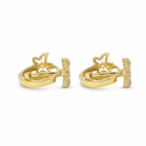 14KT Gold Earring Medium White CZ Stones Butterfly Outline Center Huggie