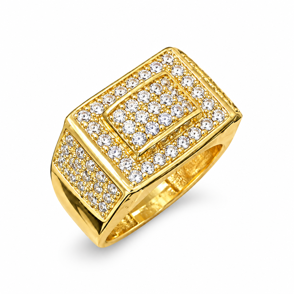 14KT Gold Ring Men's Jumbo Rectangle Three Row Raised Cluster Center with White CZ Stones Border and Three Row White CZ Stones Band