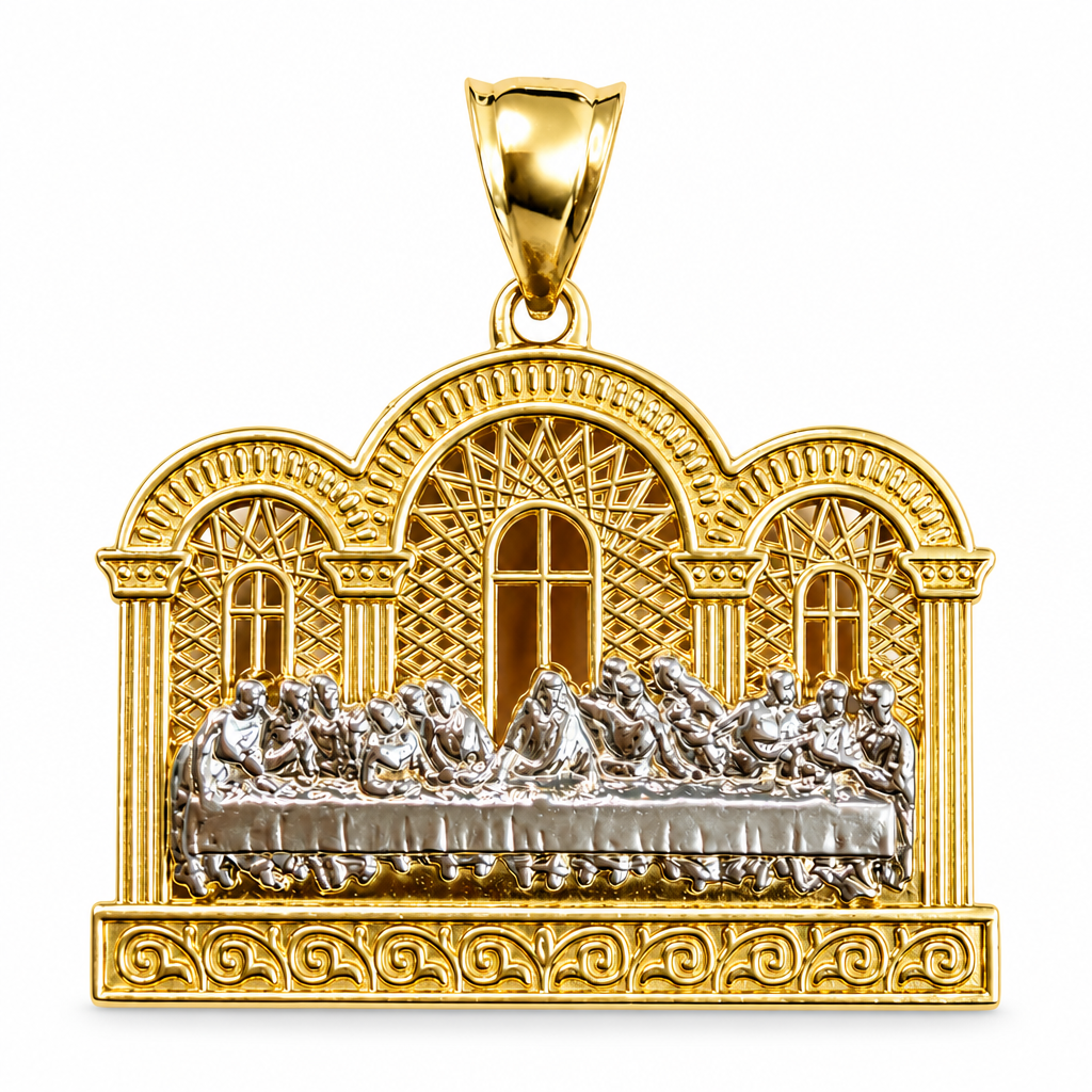 14KT Gold Charm Large Last Supper Archway Background with Plain Border and Bell