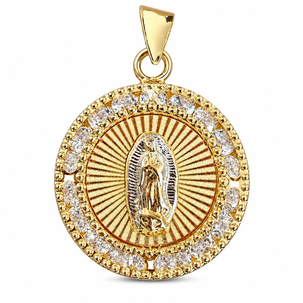 14KT Gold Charm Extra Small Round Two Tone Sunray Virgin Mary Coin with White CZ Stones Border and Plain Bell