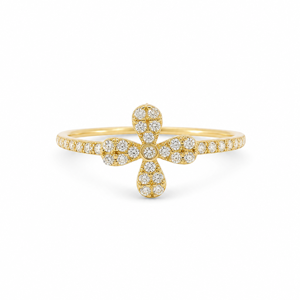 14KT Gold Ring Women's Light Weight White CZ Stones Four Petal Flower Center and Band