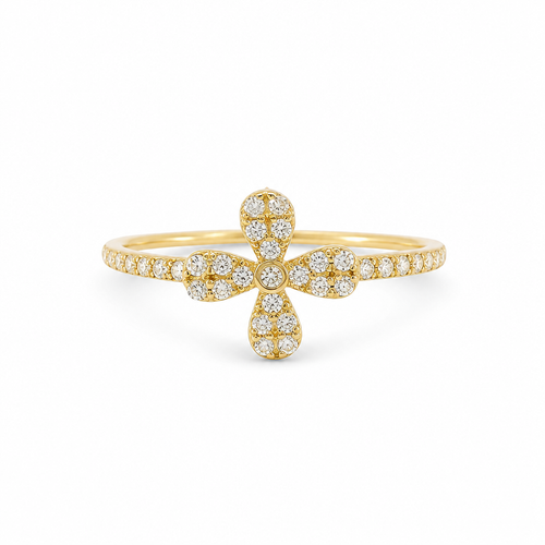 14KT Gold Ring Women's Light Weight White CZ Stones Four Petal Flower Center and Band