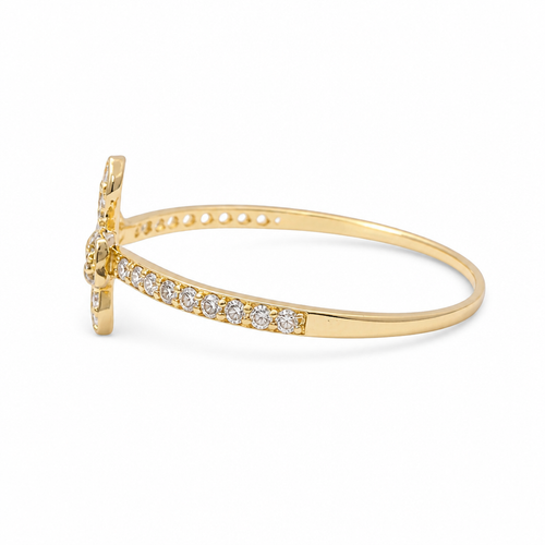14KT Gold Ring Women's Light Weight White CZ Stones Four Petal Flower Center and Band