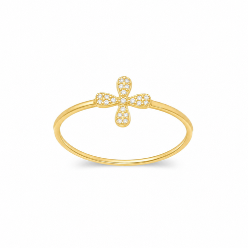 14KT Gold Ring Women's Light Weight White CZ Stones Four Petal Flower Center and Band